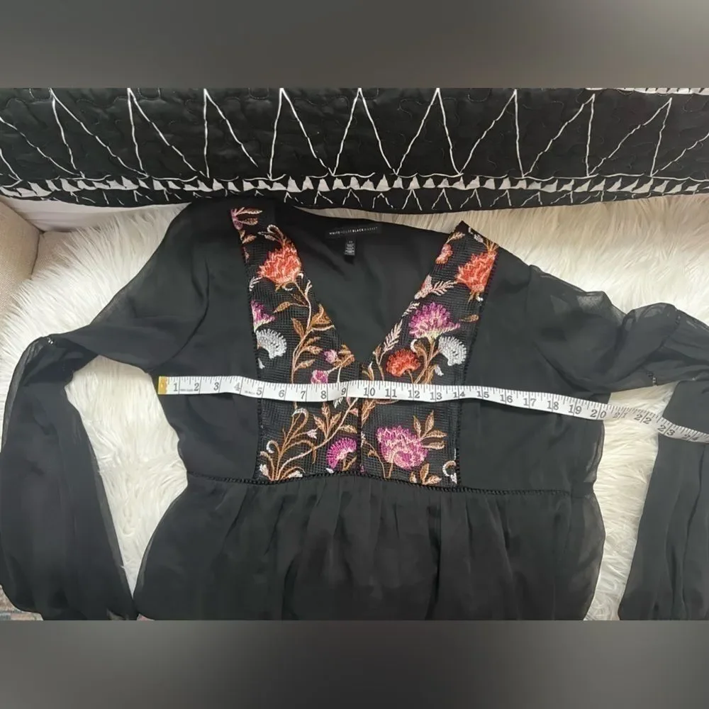White House black market embroidered black blouse size 12 large zipper pink red - Picture 5 of 11